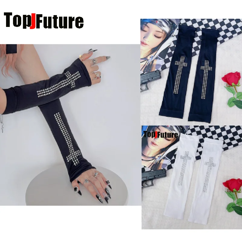 Y2K Spicy girl Subculture Extra Long Sun Protection Arm Sleeves Metal Rivet Cross Design Half Finger Gloves Dance For Cycling