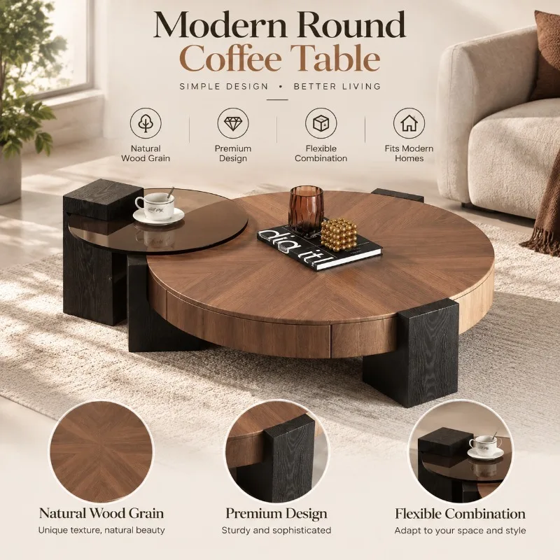 Modern Walnut Coffee Table Set, Modular Round Living Room Table with Glass Side Table Hidden Storage Drawer Luxury Furniture