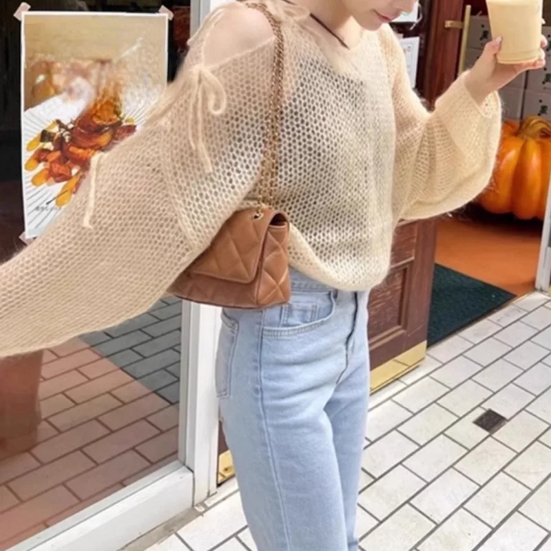 Matakawa Lace Up Women Sweaters Solid Korean Fashion Spring Autumn Sweet Pull Femme Hollow Out Loose Simple Pullovers