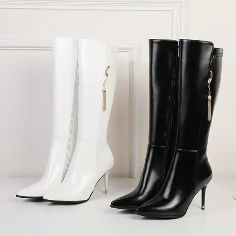 Plus Size Pointed Ultra High Slender Heel Pearl Tassel Decal Side Zipper Office Women's Boots Sweet And Sexy Knee High Boots
