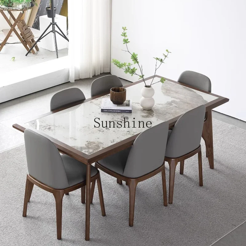 

Solid wood chair combination high-end light luxury small apartment rectangular rock slab family dining table