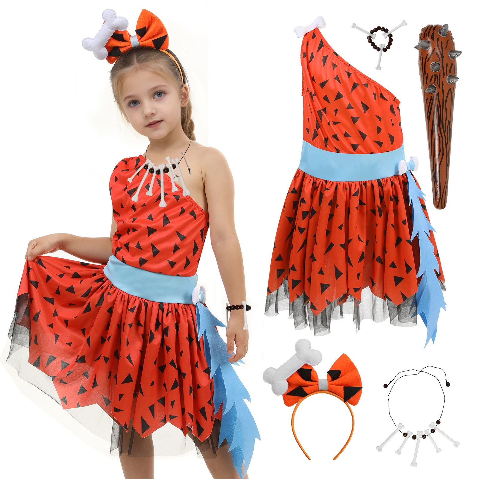 

Girls Fred Costume Classic Caveman Outfit with Hairpin Funny Accessory Halloween Mardi Gras Cosplay Party Props