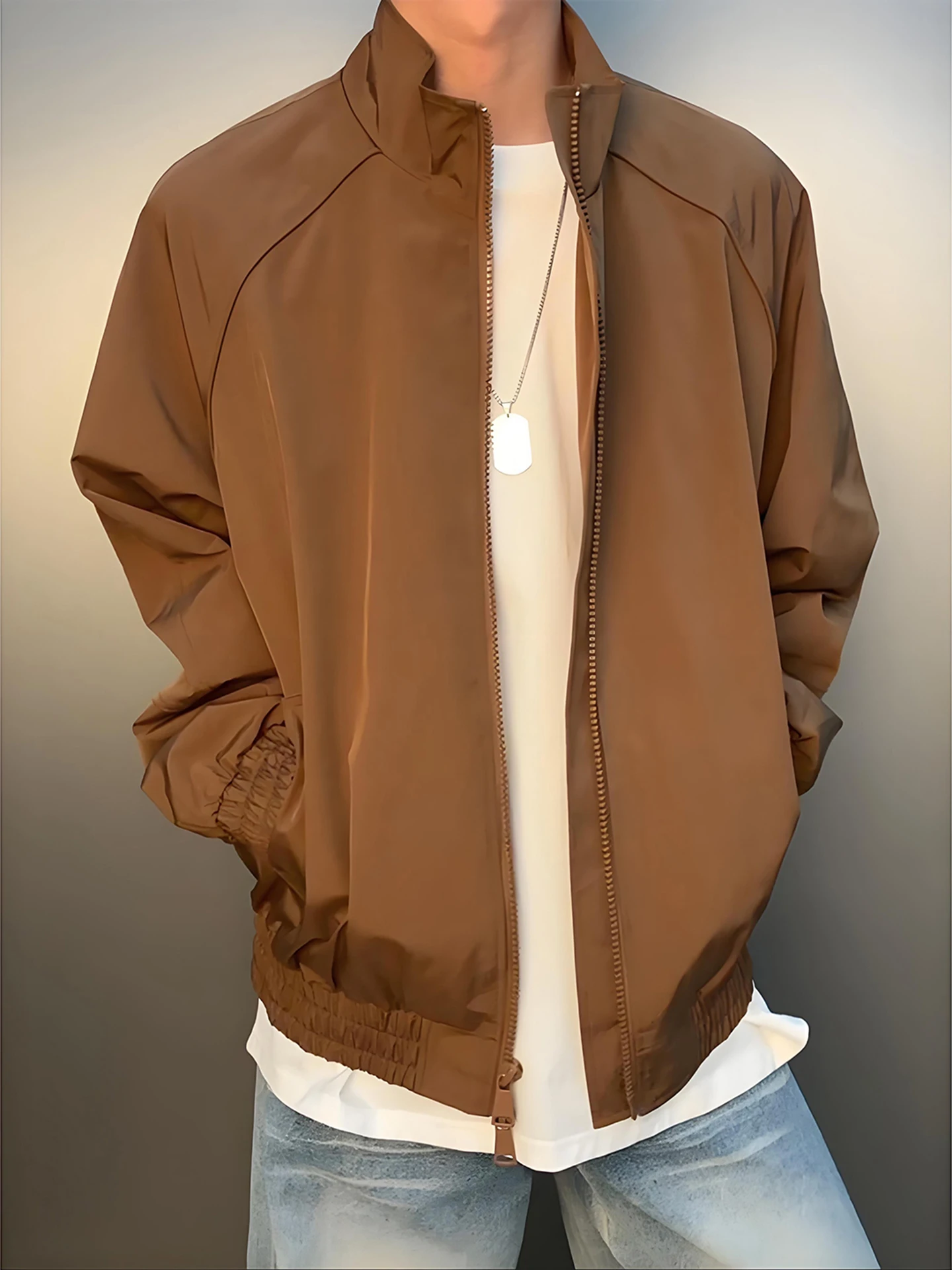 

Brown Cleanfit Silhouette Flight Jacket for Men Spring Autumn High Sense Cool Baseball Style Loose Fit Durable Zipper Closure