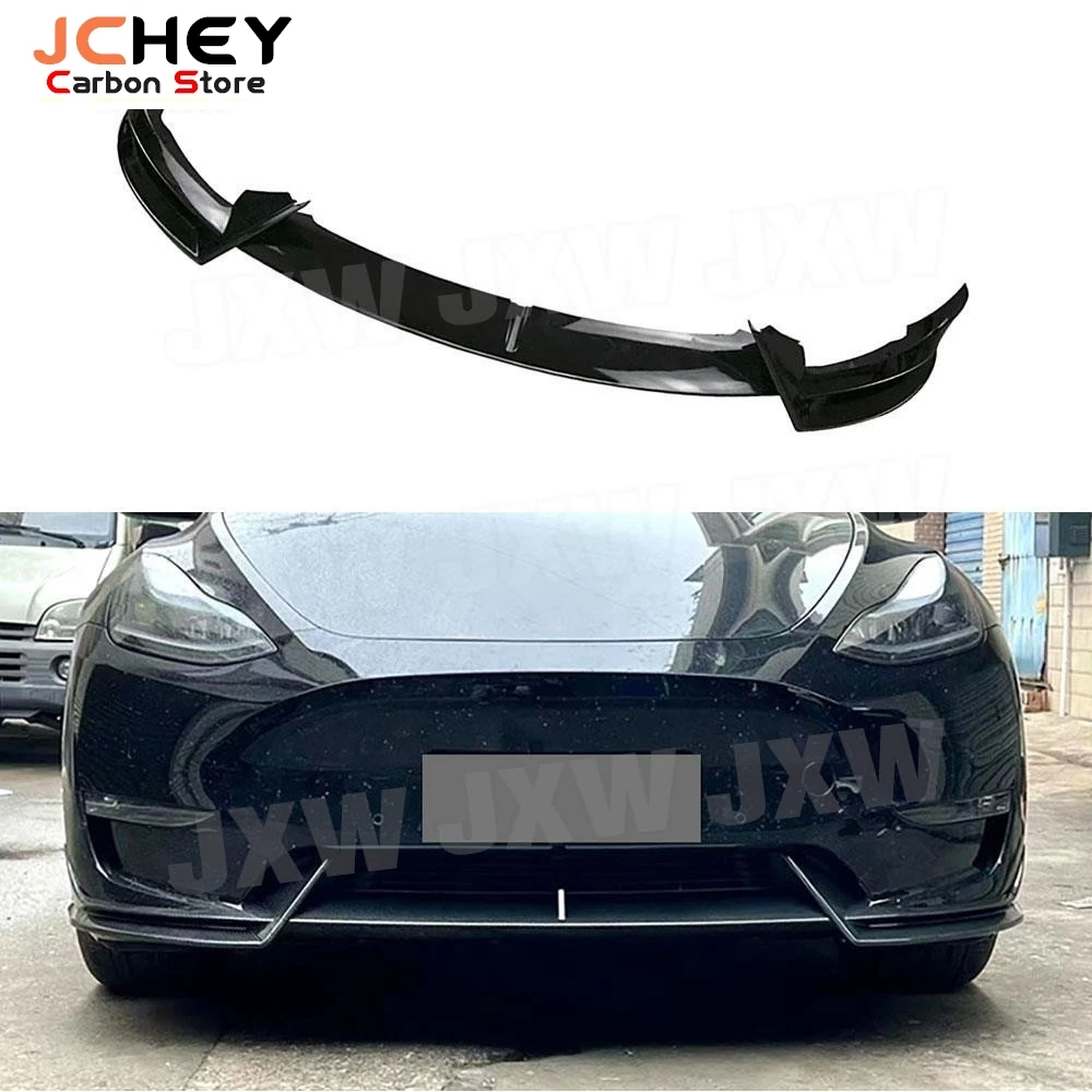 

JCHEY 3Pcs/Set ABS Carbon Look Car Front Bumper Lip Spoiler for Tesla Model Y 2018 + Gloss Black Head Bumper Chin Spoiler