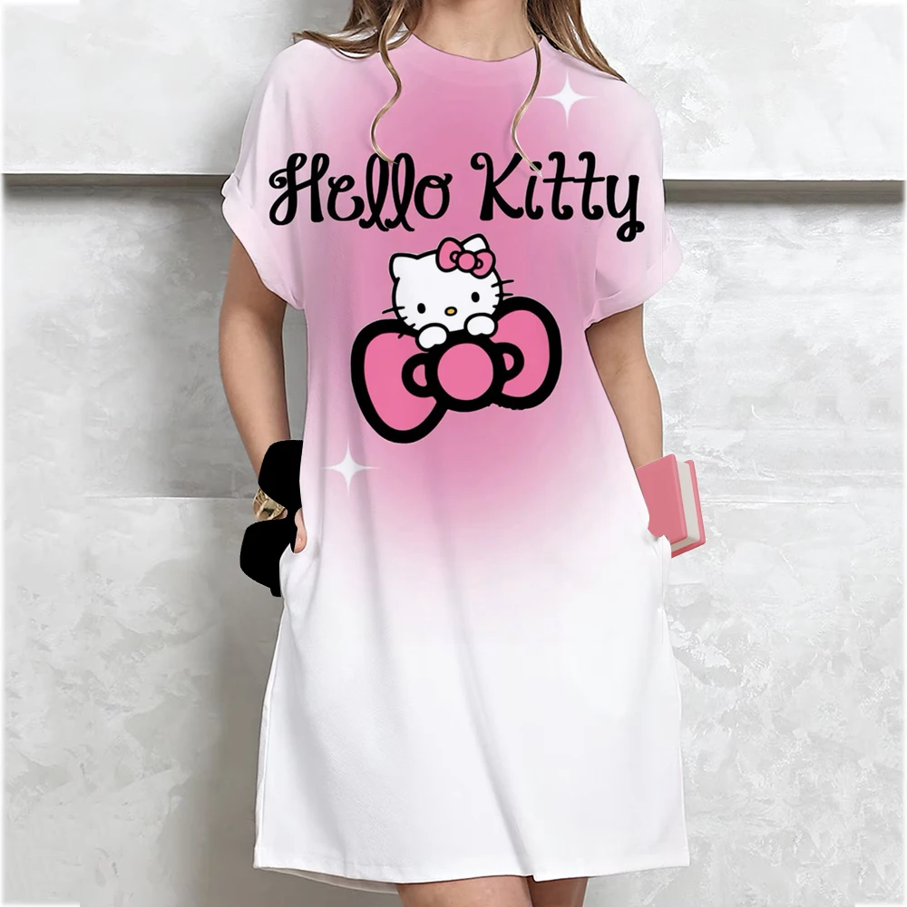 Mulheres casual manga curta t camisa vestido vintage olá kitty impressão solta mini vestido elegante simples mini vestido streetwear vestido de verão