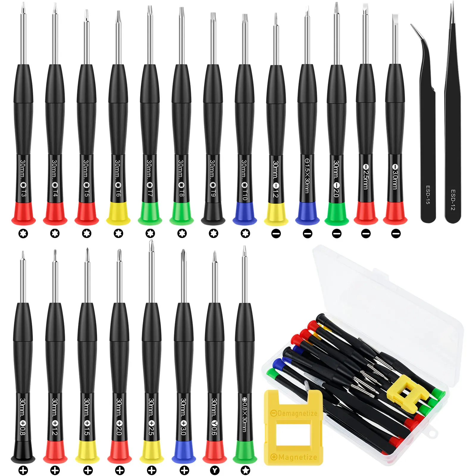 25Pcs Magnetic Screwdriver Set Metric Pentagonal Torx Flat Cross Y-shaped Head Screwdriver for Watch Jewelry Electronics Repair