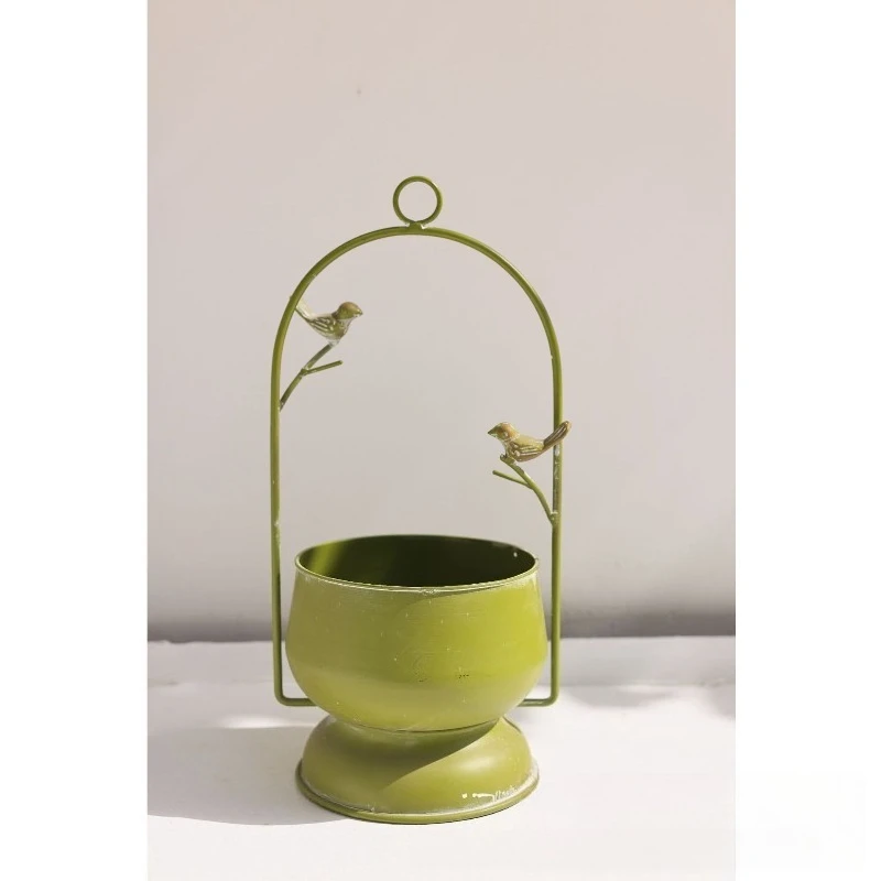 Green bird flower basket wrought iron, decorative flower pot, retro ornament green plants can hang flower pot