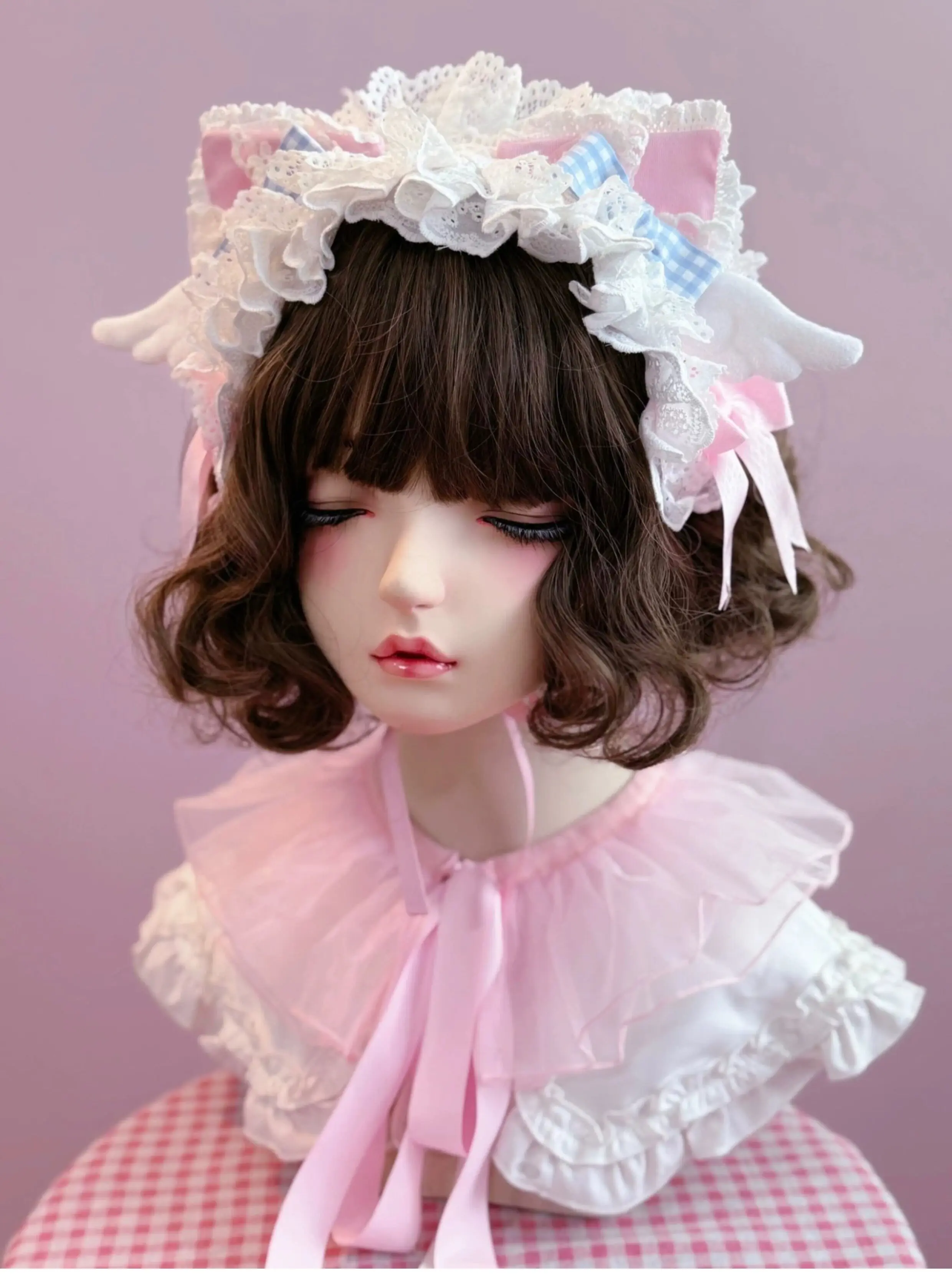 Original Handmade Angel Wings Lace Pleated Cat Ear Headband Lolita Gorgeous Bnt Pink Headband