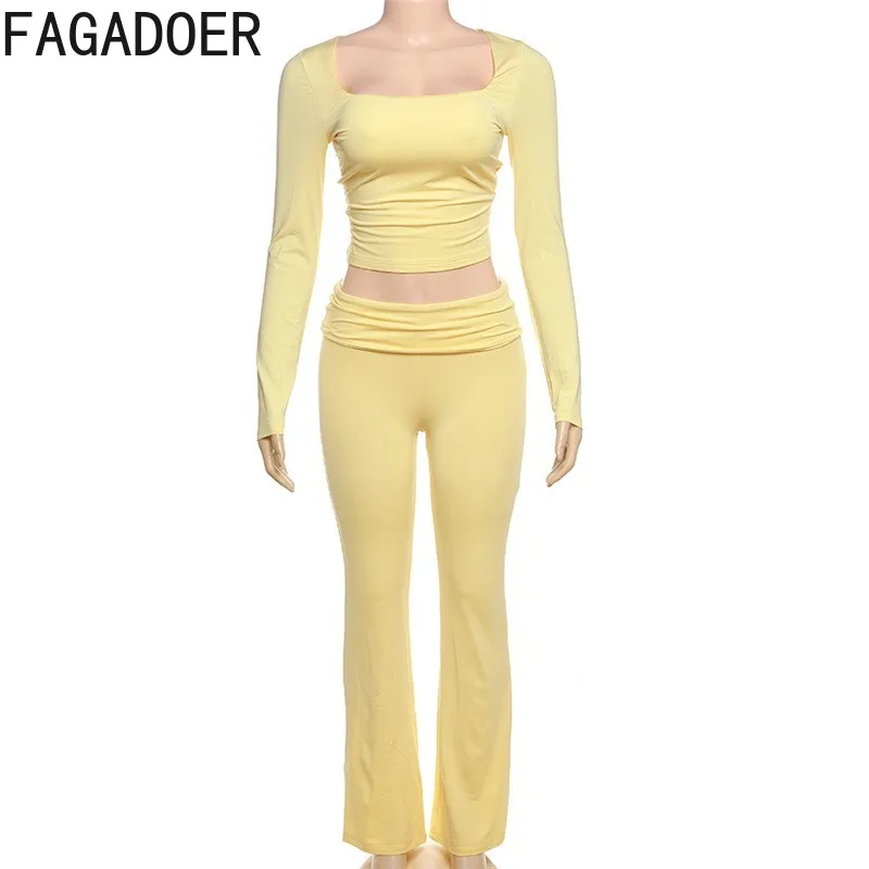 FAGADOER Casual Sporty 2 Pieces Set for Woman Solid Color Square Neck Long Sleeves Crop Top and Pants Outfits Female Streetwear