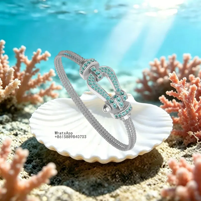 

L Size Premium Horseshoe Clasp Nautical double Bracelet, Zircon Paved, Daily Casual Wear Gift