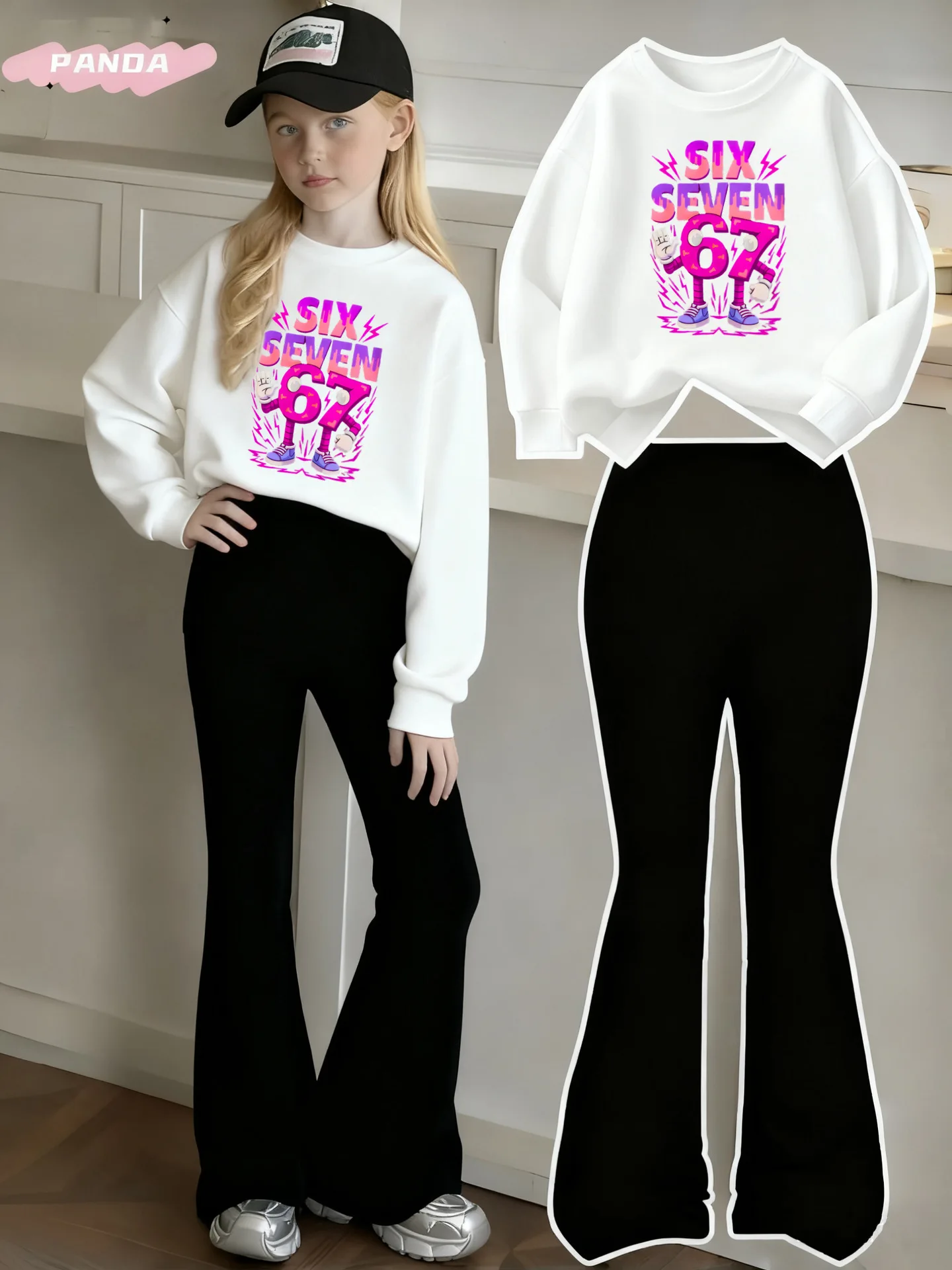 Ins Kinderbekleidung Mädchen-Set für Kinder im Alter von 6 und 7 Jahren mit Nummernaufdruck und Freizeithose, Schlaghose, 2-teiliges Set, schrulliges, farbenfrohes Sweatshirt mit Nummern-Englischem