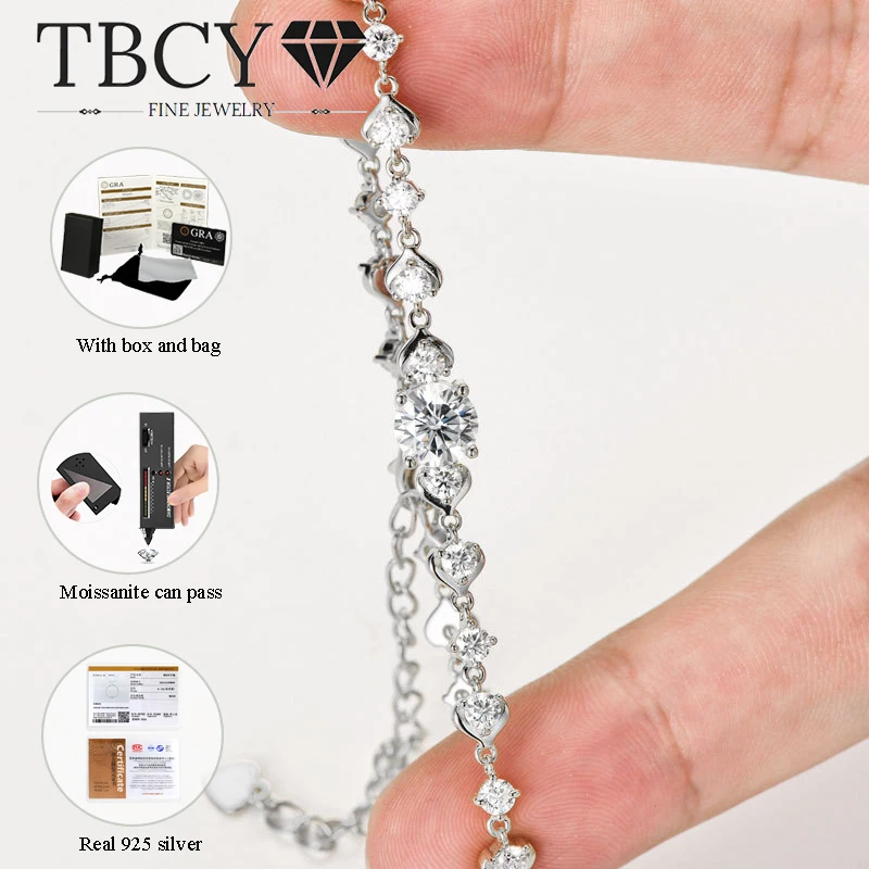 

TBCYD 3.08 CTTW D Color Moissanite Bracelet For Women S925 Silver Gold Plated Heart Shape Hand Chain Fashion Brand Party Jewelry
