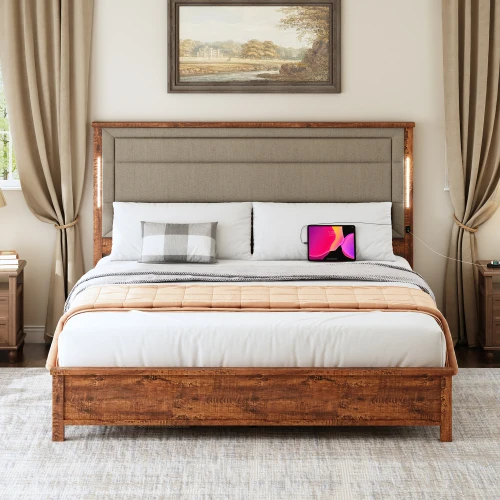 إطار سرير بحجم كينج مع لوح رأسي منجد، وإطار سرير كينج مع قاعدة شحن وأضواء LED، وشرائح خشبية