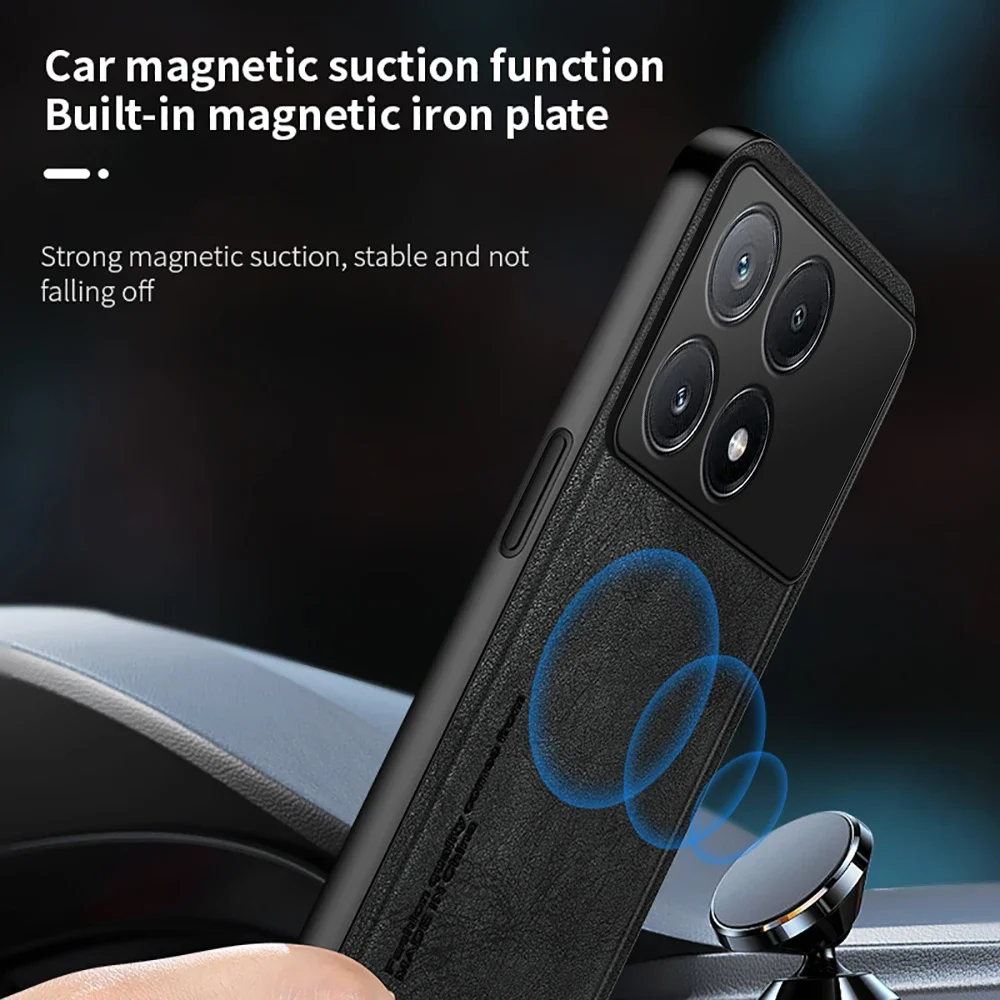 Retro Matte Leather Texture Case For Xiaomi Poco X6 Pro Little X6Pro PocoX6 PocoX6Pro X 6 5G Car Magnet Camera Shockproof Cover