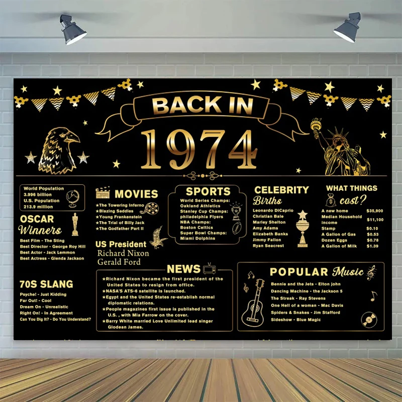 

Back in 1974 Backdrop Banner Happy 50th Birthday Party Black Gold Photography Background For Women Men 50 Years Old