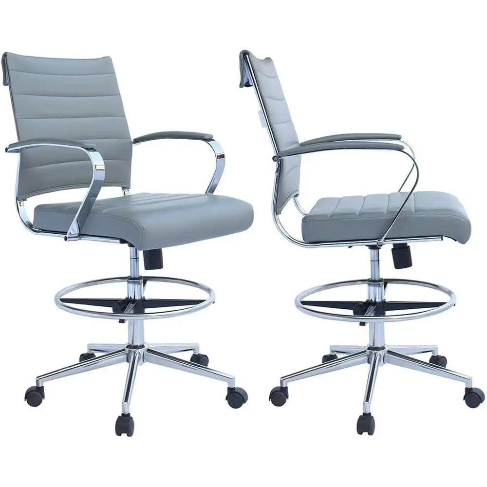 Upholstered PU Leather Ribbed Back Swivel Chair with Adjustable Base and Leg Rest | Padded Seat, Lock, Computer Armchair (Gray)
