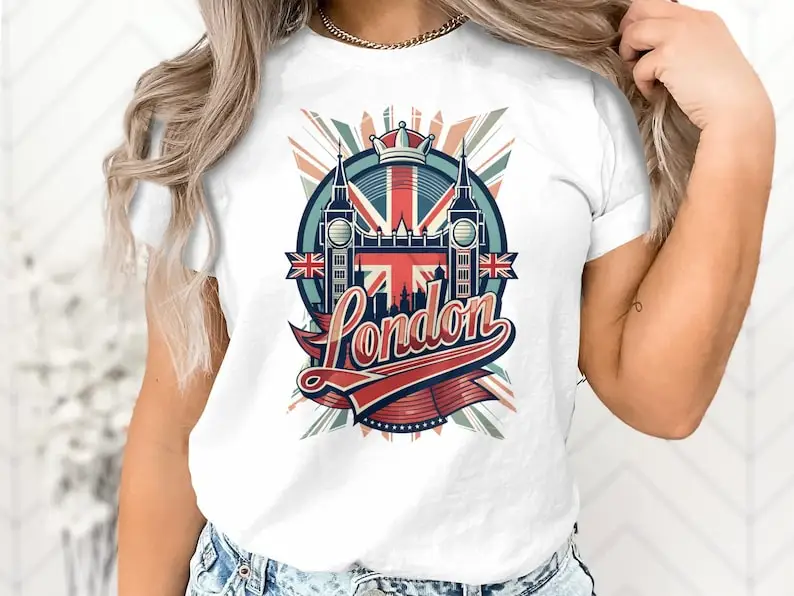 London Skyline Graphic T Shirt Vintage British Flag Tee Unisex Travel Souvenir Tops UK Landmark Casual Apparel London Lover Gift