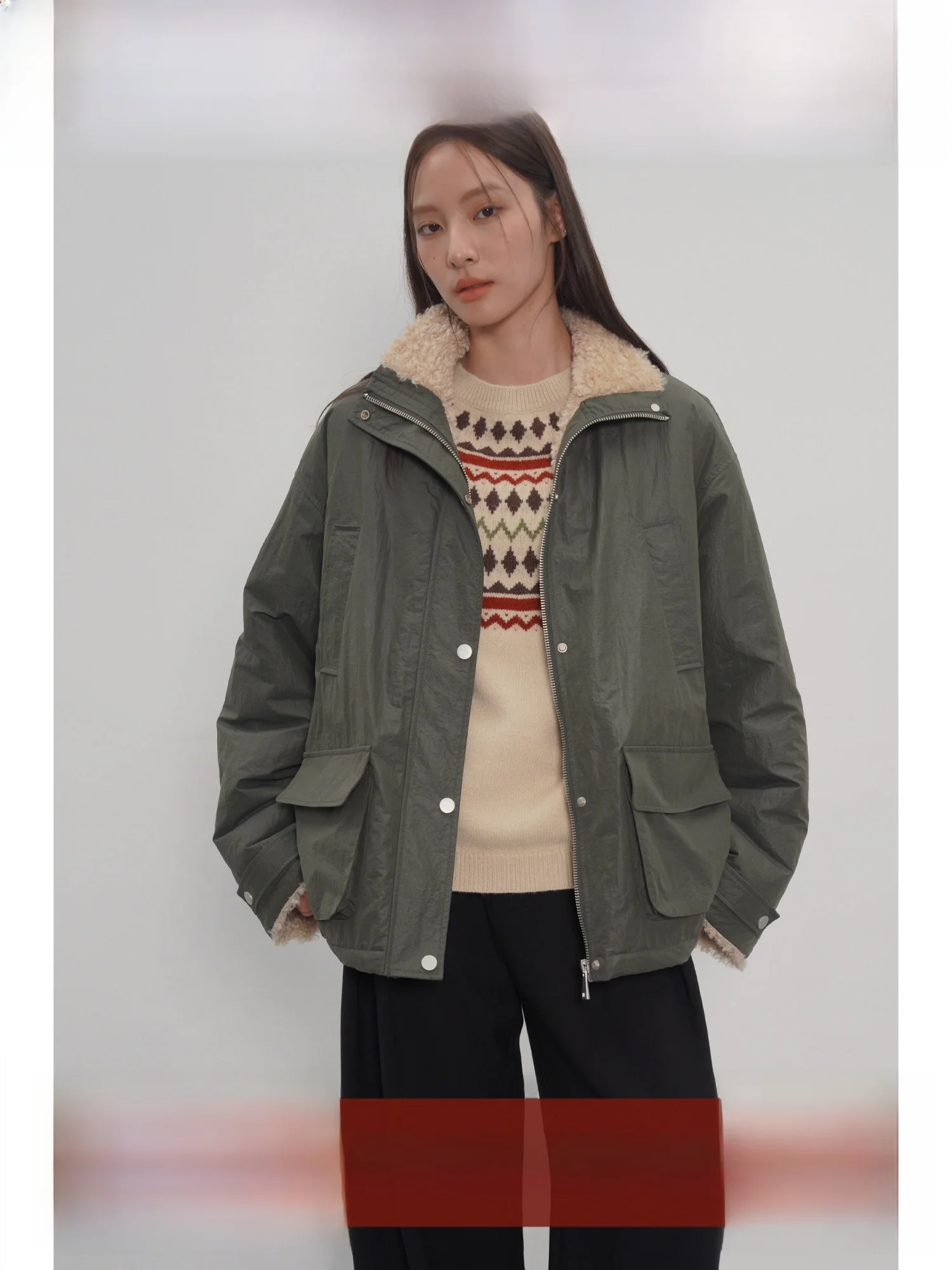 

EIGHTHMONTH Military een Lamb Fur Jaet Women's Loose Warm Workwear Coat Winter Slimming Outerwear Long Sve Zipper