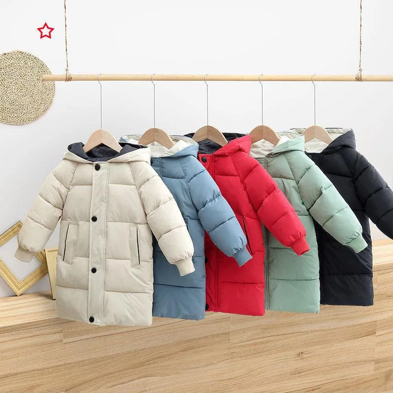 1pcs Boys Girls Cotton-Padded Coats Kids Long Down Autumn Winter Teen Cotton Clothes Outerwear Big Children Thicken Warm Jacket