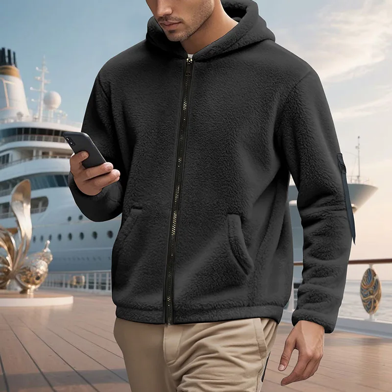 2026 American autumn and winter new men's double-sided arctic velvet loose hooded zipper high street trendy jacket