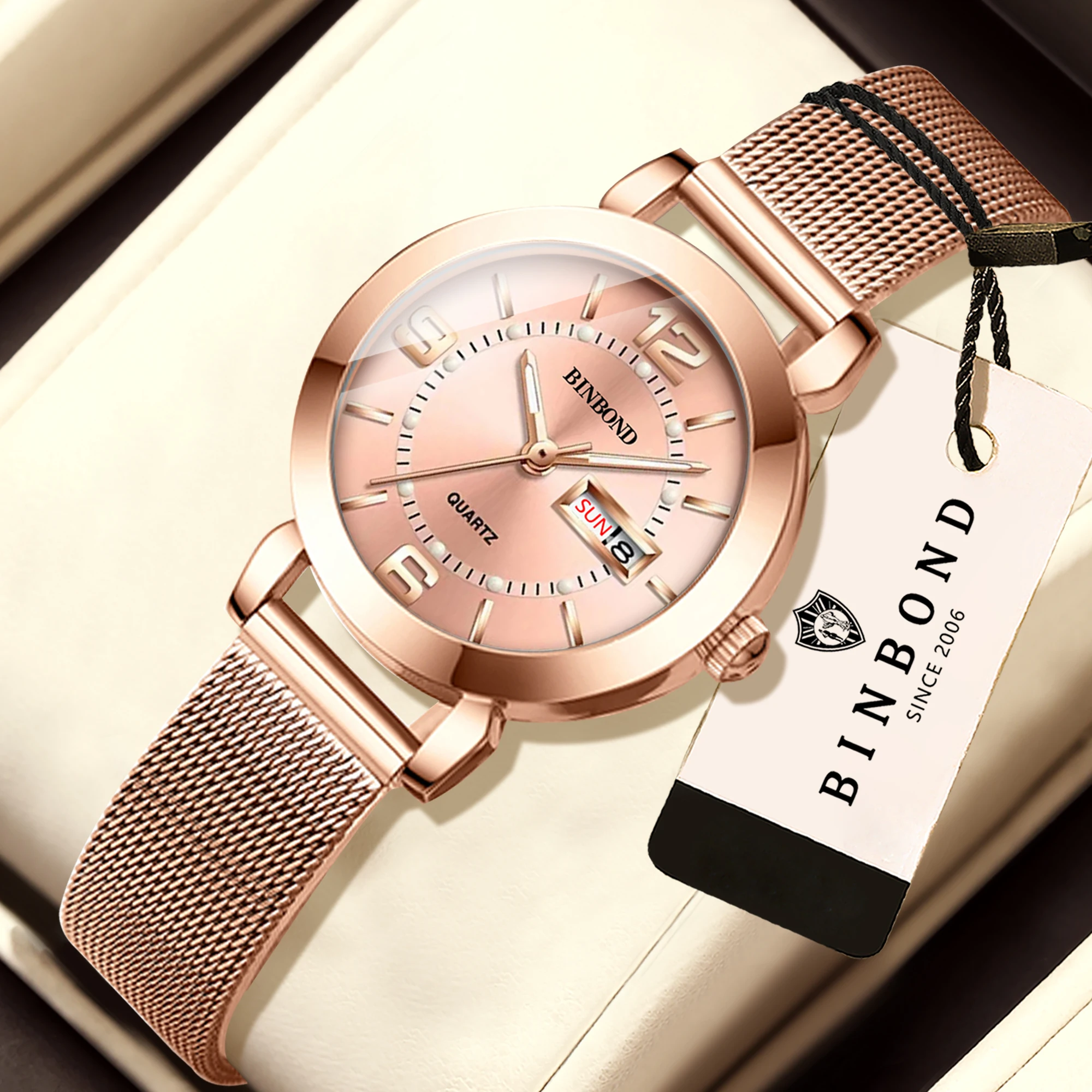 

BINBOND Simple Accurate Quartz Watches For Women Luminous Waterproof Auto Date Week Display Sturdy Net Strap Ladies Reloj