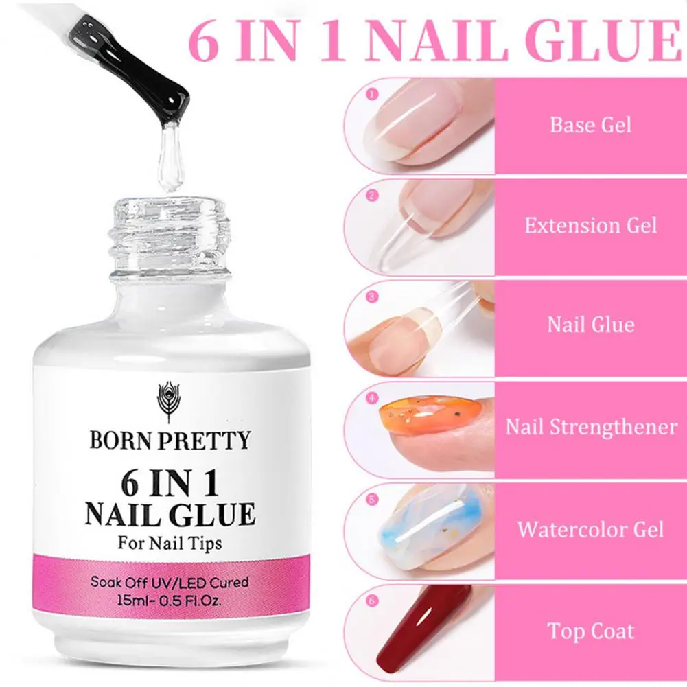 15ml Nail Functional Glue Quick Dry Persistent Extend Nails Convenient 6-in-1 Soak Off UV LED Nail Glue Base Gel Top Coat