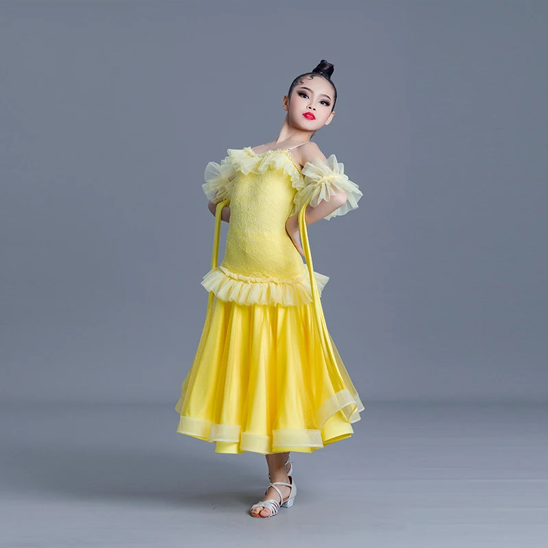 Kids Ballroom Dance Competition Dress Lace Standard Dancing Clothes Girls Tango Practice Wear Waltz Dance Stage Costume VDB6646