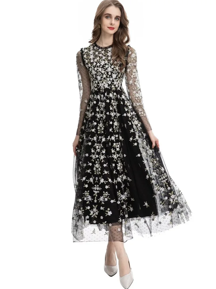 Vestido largo elegante de tul bordado negro para mujer con mangas largas transparentes, cintura ajustada y voluminoso