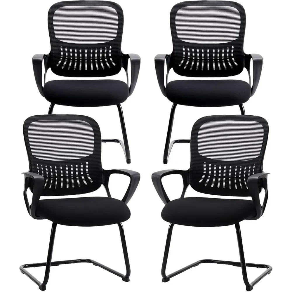 Conference Chairs Set of 4 with Comfy Arms and Lumbar Support, Ergonomic Executive Sled Base Mesh, No Wheels Conference Chairs