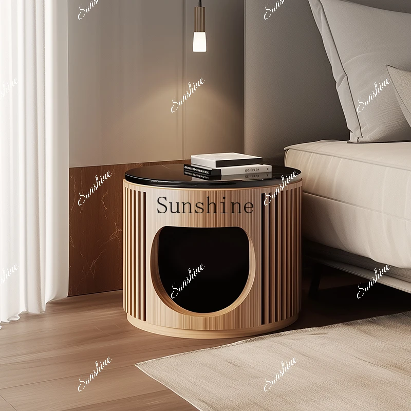 Light luxury creative all-solid wood round bedside storage/home master bedroom small side table  FT