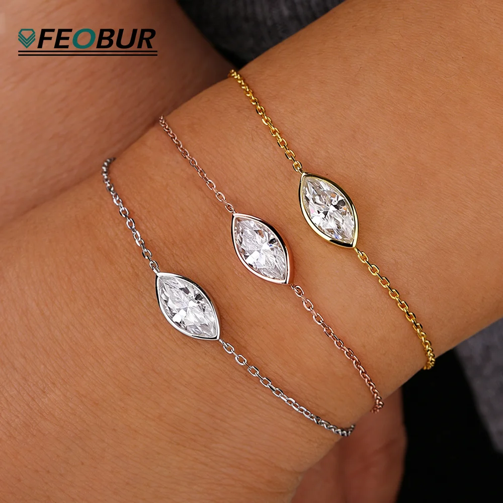 1-2CT Bezel Set Moissanite Solitaire Bracelet for Women 925 Sterling Silver Marquise Cut Diamond Charm Hand Chain Dainty Jewelry