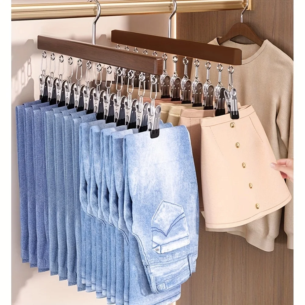 12 Clips Legging Organizer for Closet, Wooden Closet Leggings Hanger Organizer Space Saving Multi Clip Hanger for Pants Scarfs