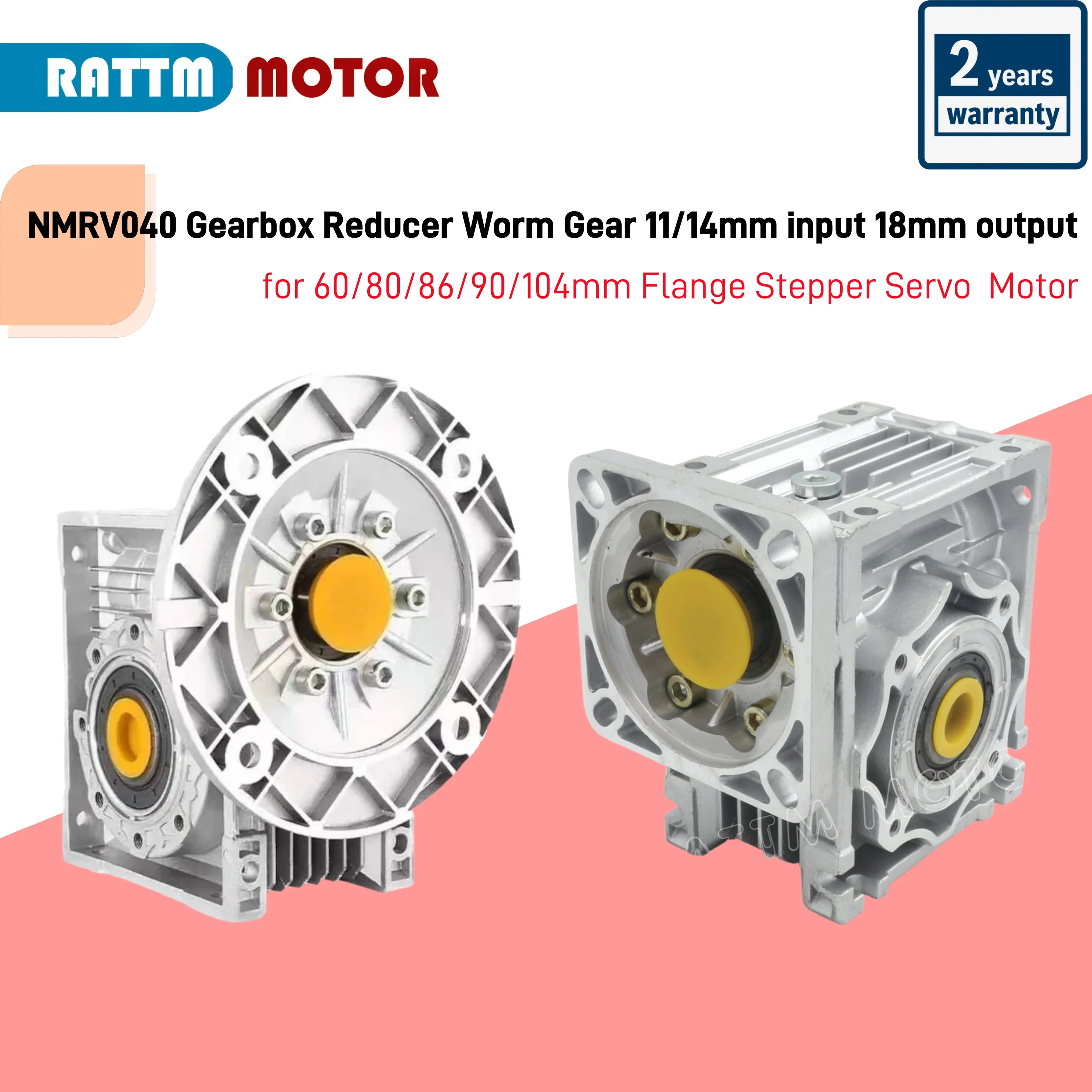 NMRV040 Gearbox Reducer Worm Gear 11/14mm input 18mm output Ratio 5:1 to 100:1 for 60/80/86/90/104mm Flange Stepper Servo  Motor