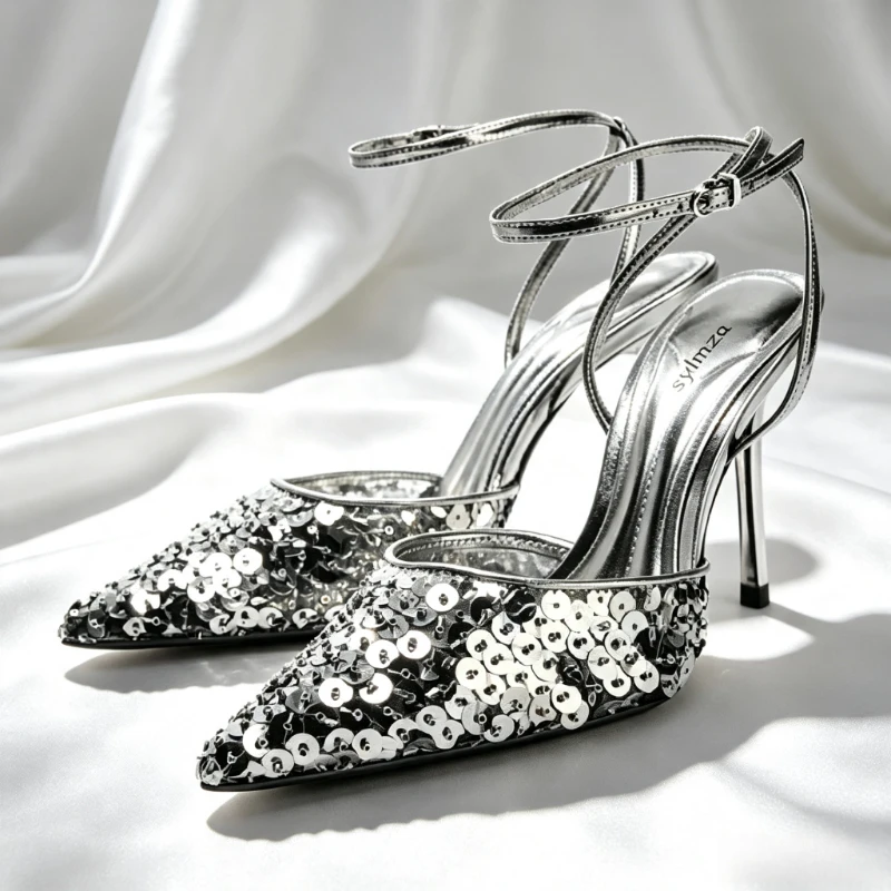 Silver Sequin Pointed Toe Stiletto Heels for Ladies Luxury Ankle Buckle Slingbacks Designer Shoes Glitter Party Wedding Shoes