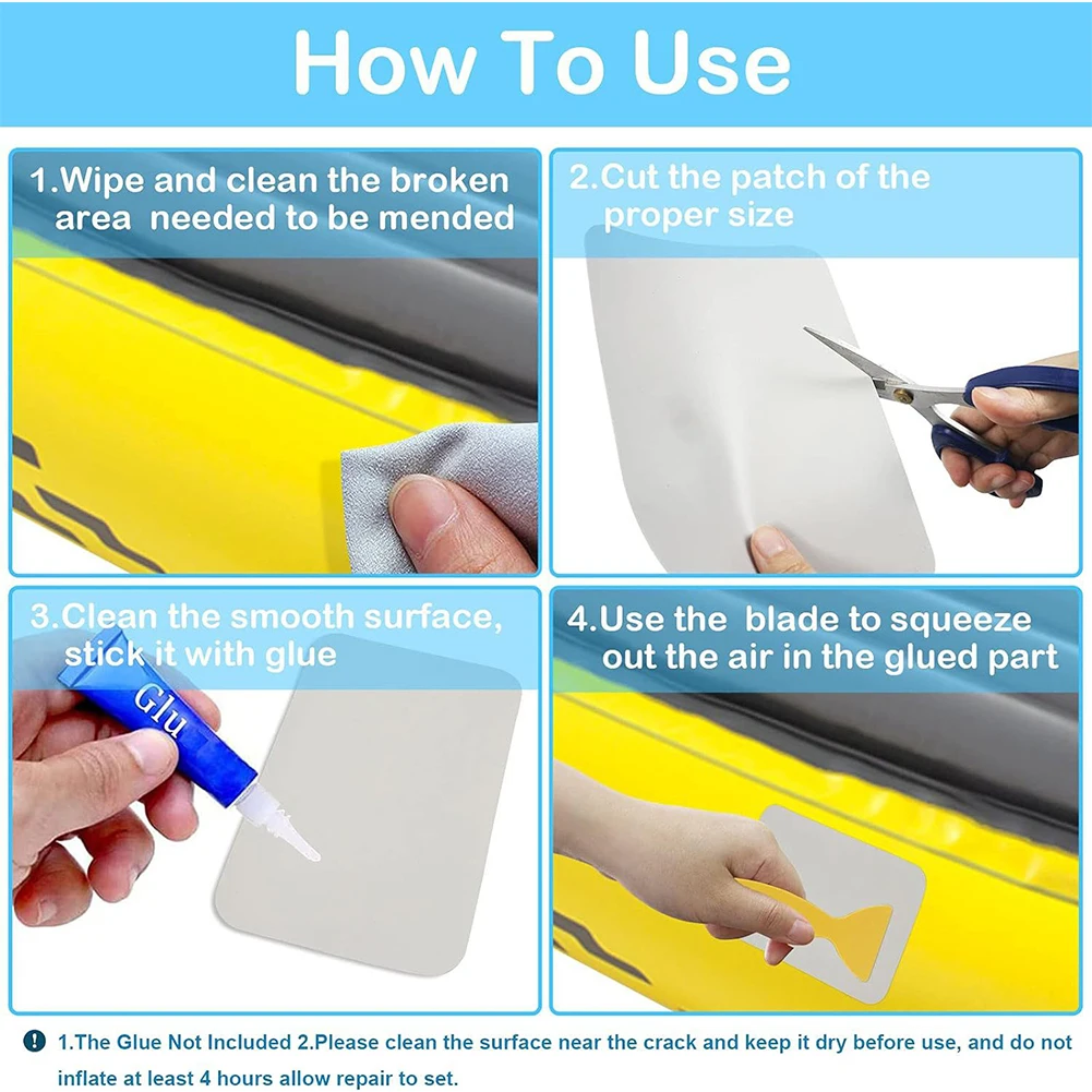5Pcs/Set Kayak Patches with Glue PVC Inflatable Boat Patches Waterproof Air Beds Repair Patches for Swimming Pools Canoe