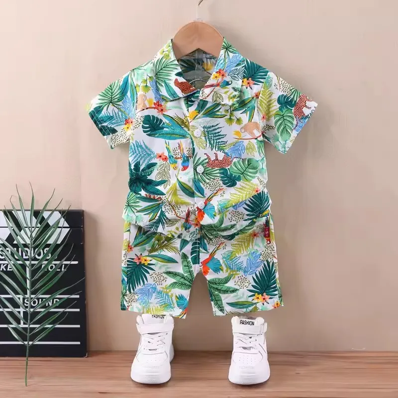 1-6 Year Baby Boys Floral Printed Clothes Set Summer Girl Short Sleeve Children\'s Shirt Top+Pants 2Pcs Kids Holiday Beach Outfit