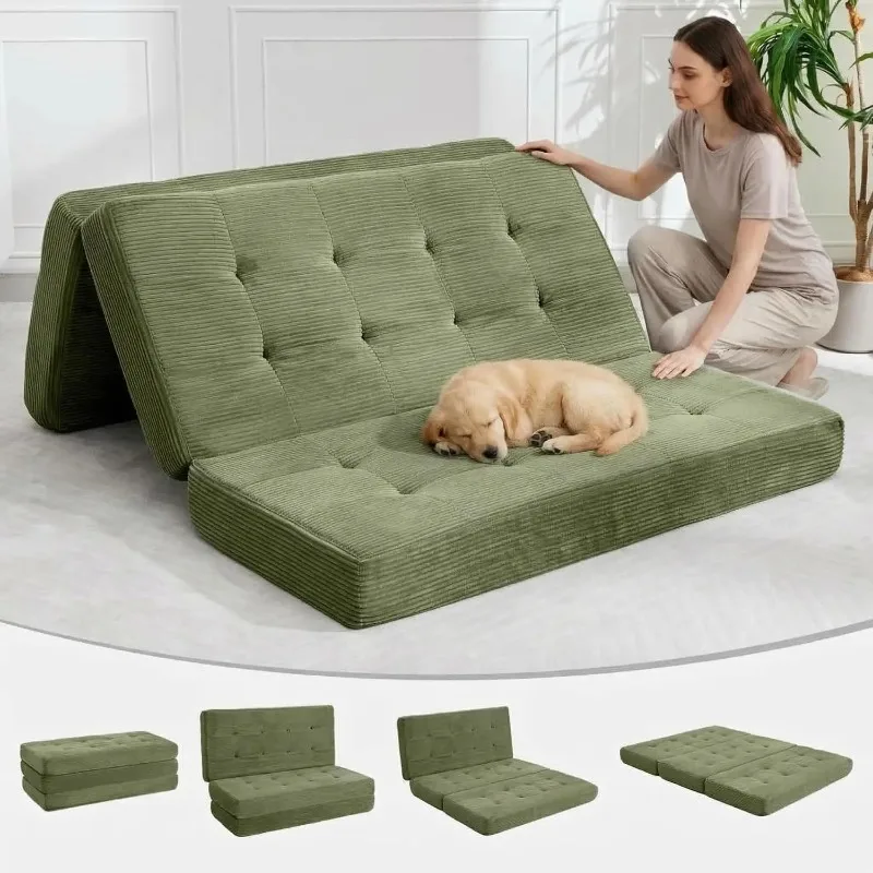 Tri-Fold Mattress Full Size, Corduroy Fabric Portable Floor Guest Mat for Adults, Foldable Sleeping Pad for Camping