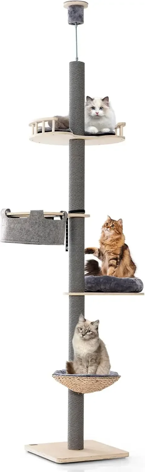 Floor to Ceiling Cat Tree with 93”-107” Adjustable Height, 5-Tier Wooden Cat Climbing Pole with Scratching Post