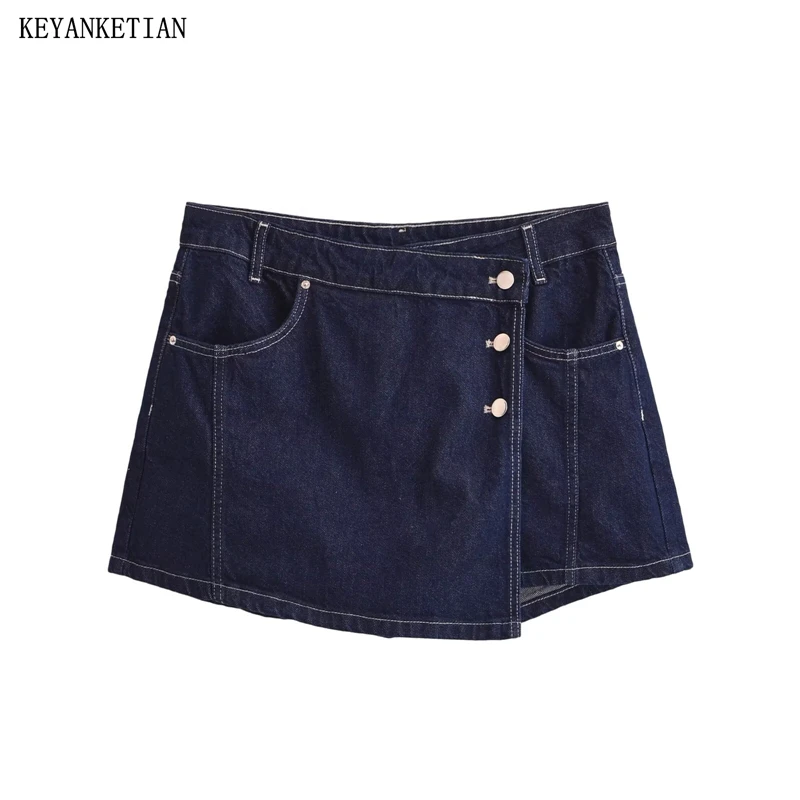 

KEYANKETIAN 2026 New Women's Arrival Women's Wrap Denim Skort Y2K Style High Waist 3 Buttons Design Anti-emptied Jean Shorts