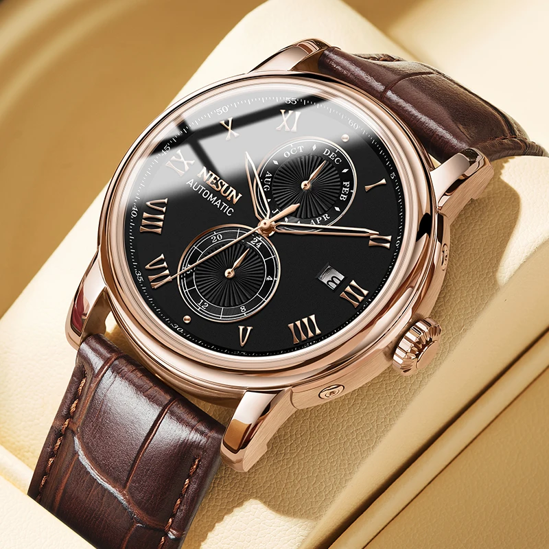 NESUN automatic mechanical watch for men, multi-functional mechanical watch, skeleton men's watch, gentleman's wristwatch