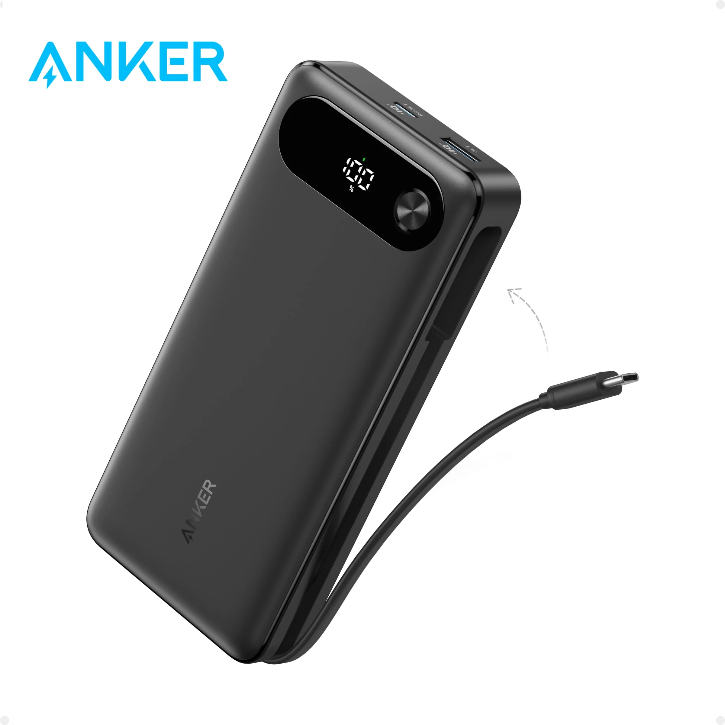 Внешний аккумулятор Anker, портативное зарядное устройство 20000 мАч со встроенным фотокабелем, максимальная мощность 87 Вт, блок батарей для быстрой зарядки ноутбука, 2 USB-C a