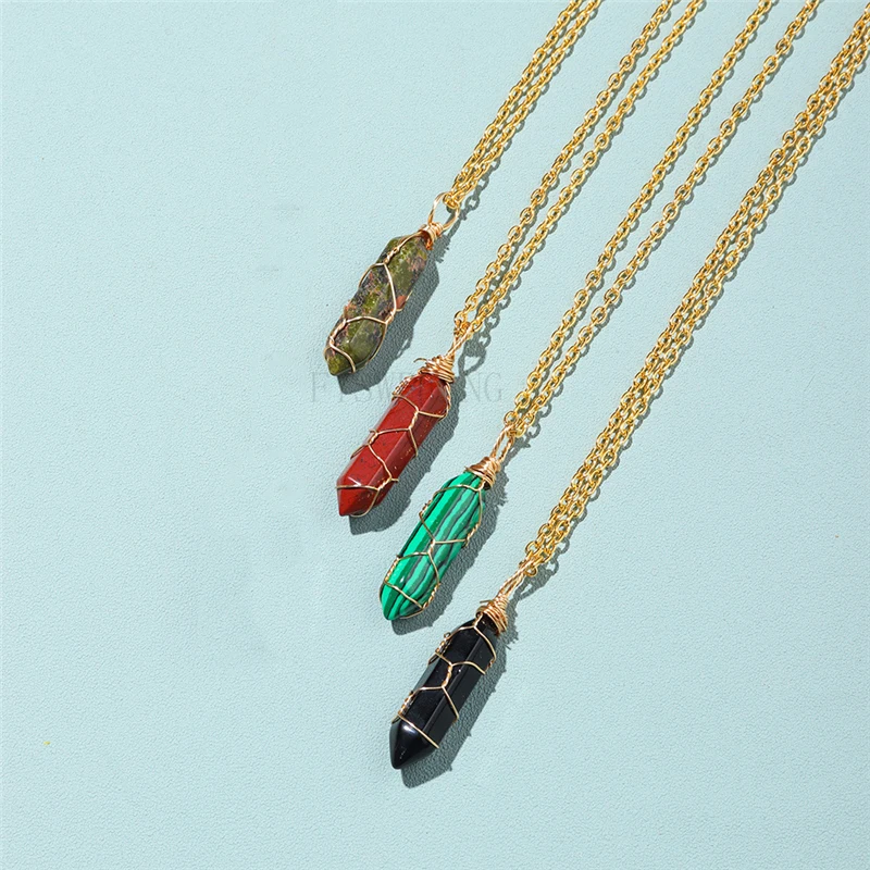 

Natural Crystal Necklace Double Pointed Bullet Hand-Woven Gold Chain Net Pocket Pendant Sweater Pendant Crystal Necklace