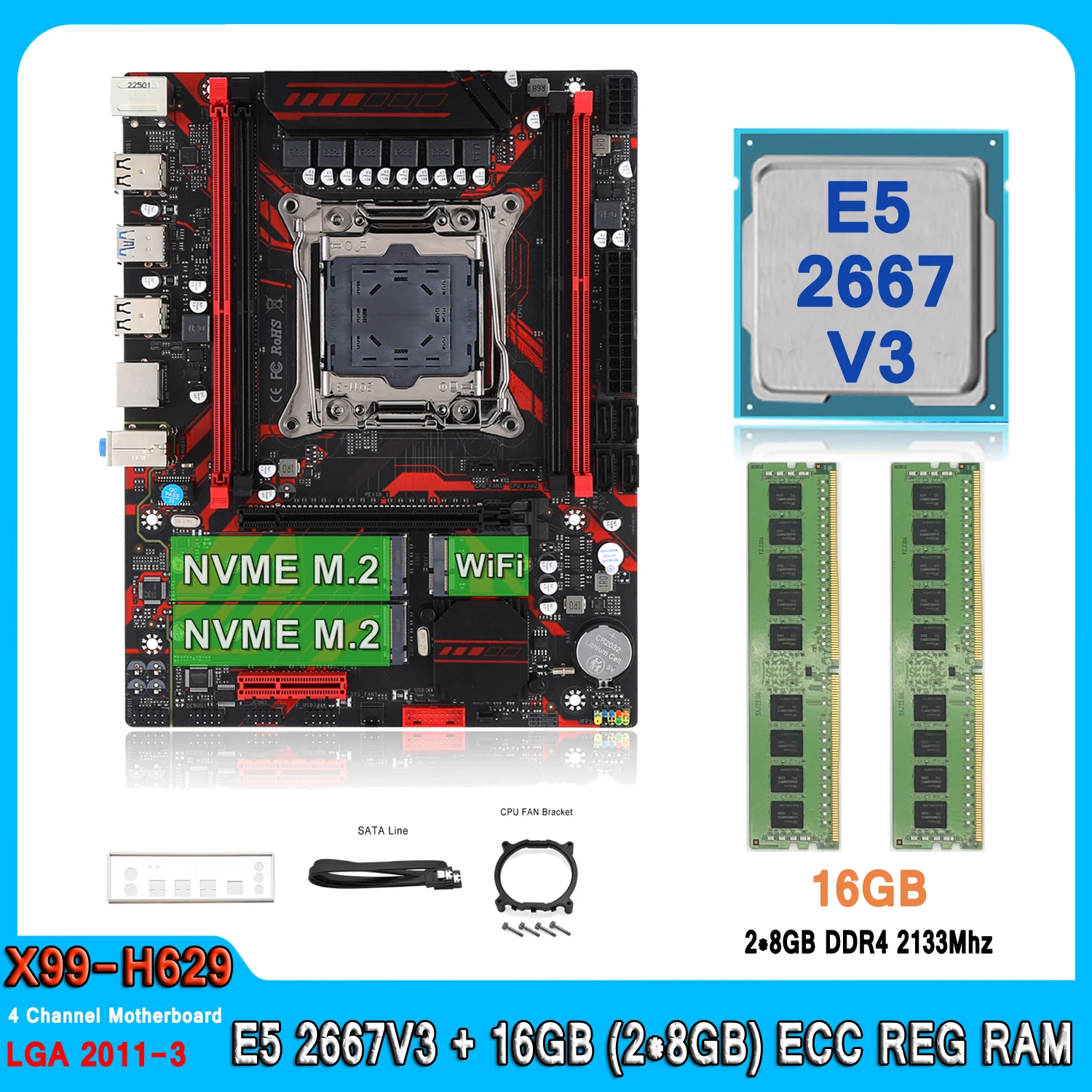 

Kit Xeon X99 Motherboard with E5 2667 V3 16GB(2*8GB) DDR4 2133MHz RECC Memory LGA 2011 E5 2667V3 Combo Set SATA3.0 M.2 NVME