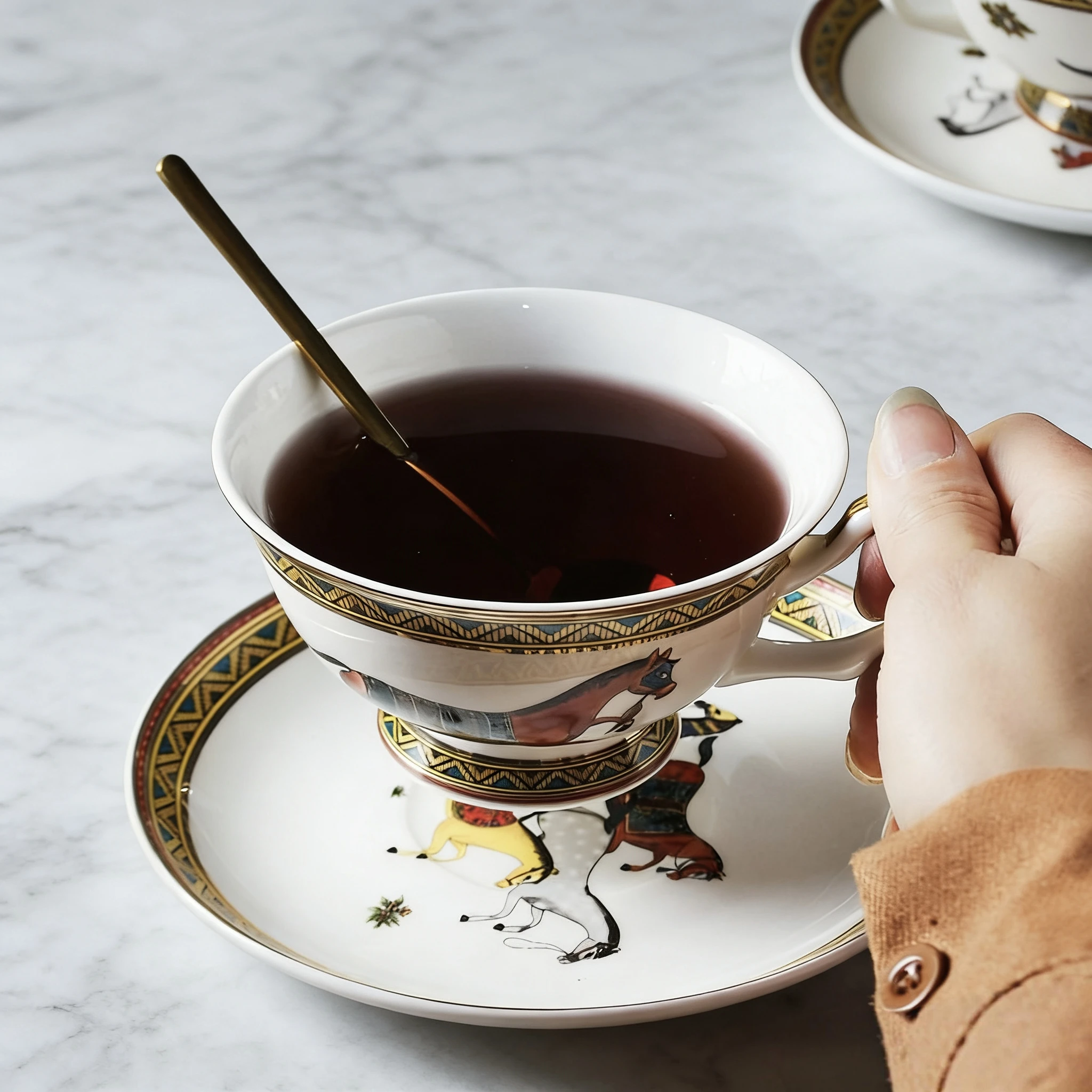Porcelain Tea Cup and Saucer Set with Spoon, Horse Pattern Ceramic Coffee Cup, Ideal for Tea, Coffee, Desserts, and Gifting - view 5