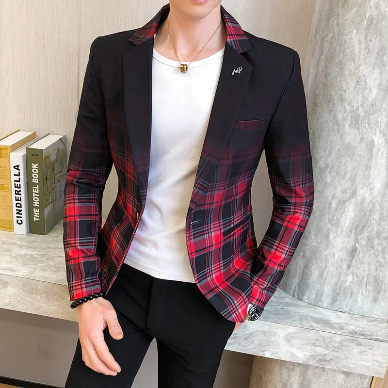 Blazer slim imbibé à carreaux pour hommes, veste décontractée, robe de club, banquet, fête de mariage, vêtements de marque, mode printemps, nouveau,