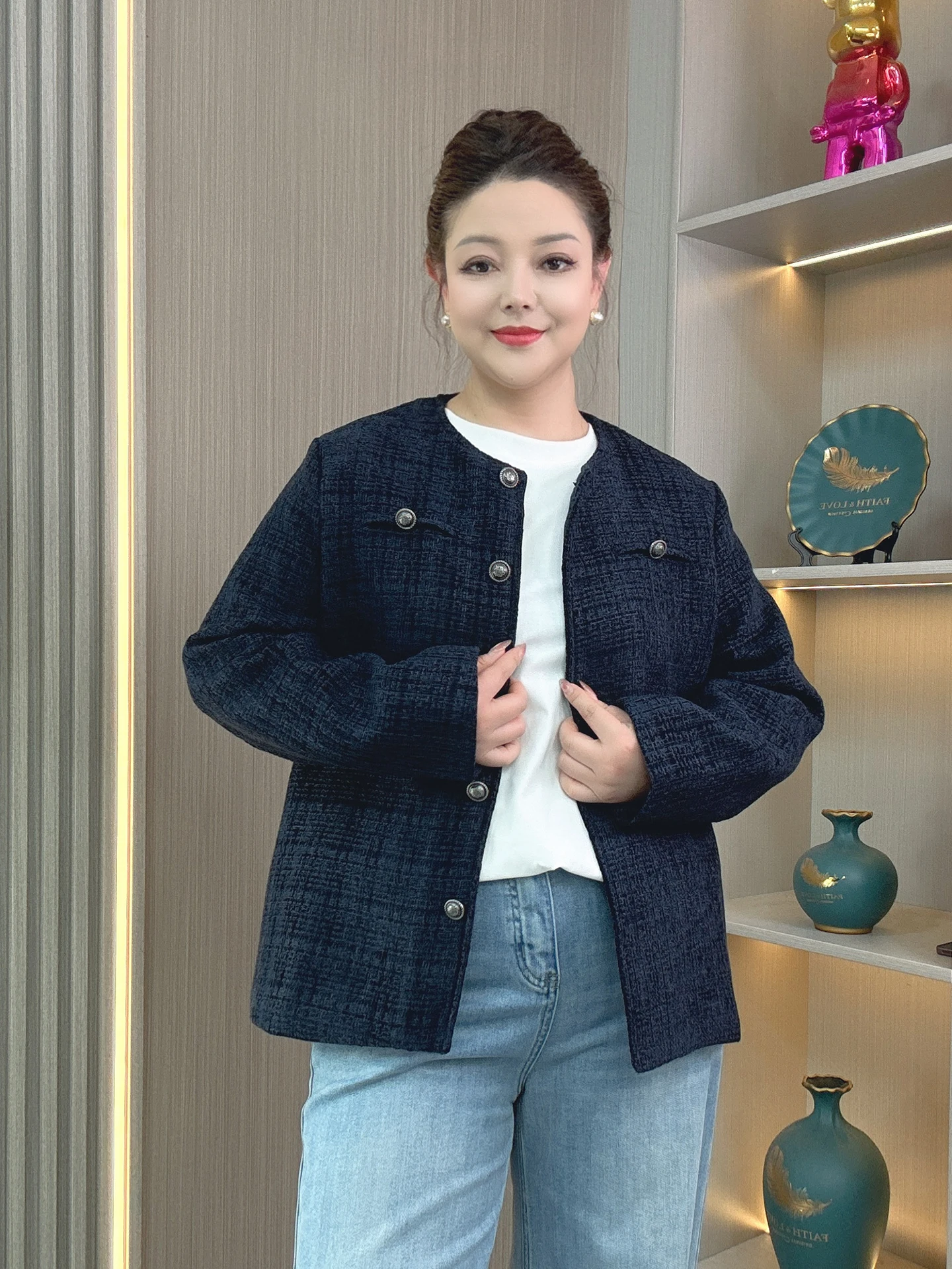 

Spring New Arrival Women's plus Size Woolen Coat round Neck Open Cardigan Slimming Long Sleeve Top High Waist Commute Style