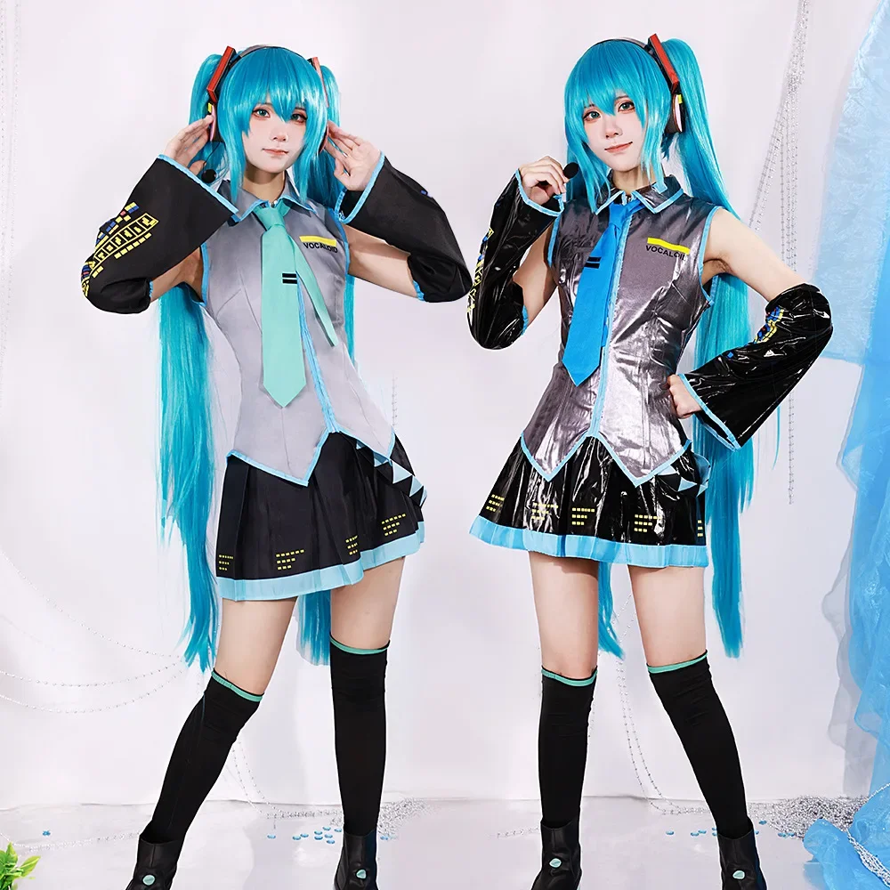 Miku-conjunto completo de Cosplay, traje de tela de charol gris plateado, zapatos, sombreros, uniforme JK