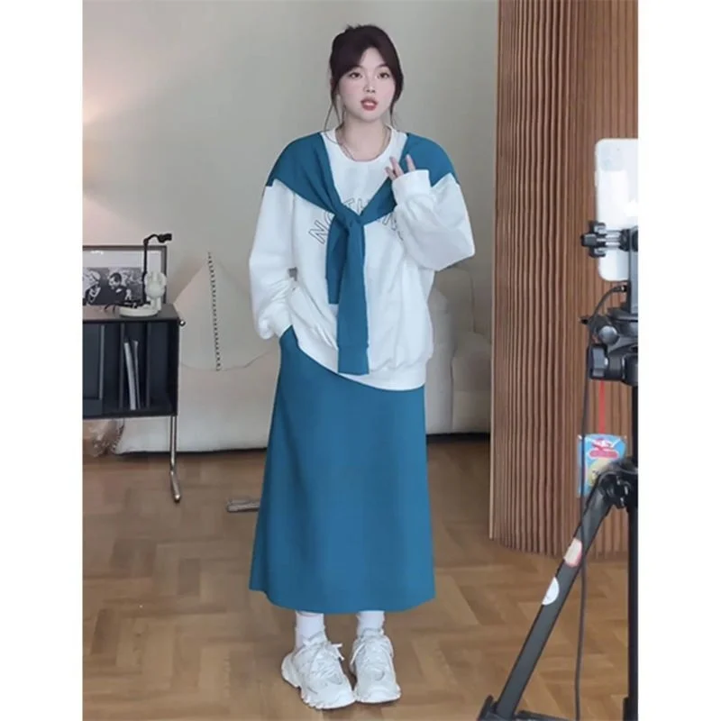 

plus Size Casual Elegant Shoulder Wrap round Neck Sweatshirt Women's High Waist Skirt Set Autumn Fashion plus Size Outfits