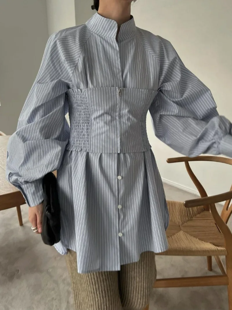 Spring Summer New Japanese Vintage Striped Shirts Stand Collar Single Breasted Long Sleeve Blusas Two-piece Sets Blouse Dress