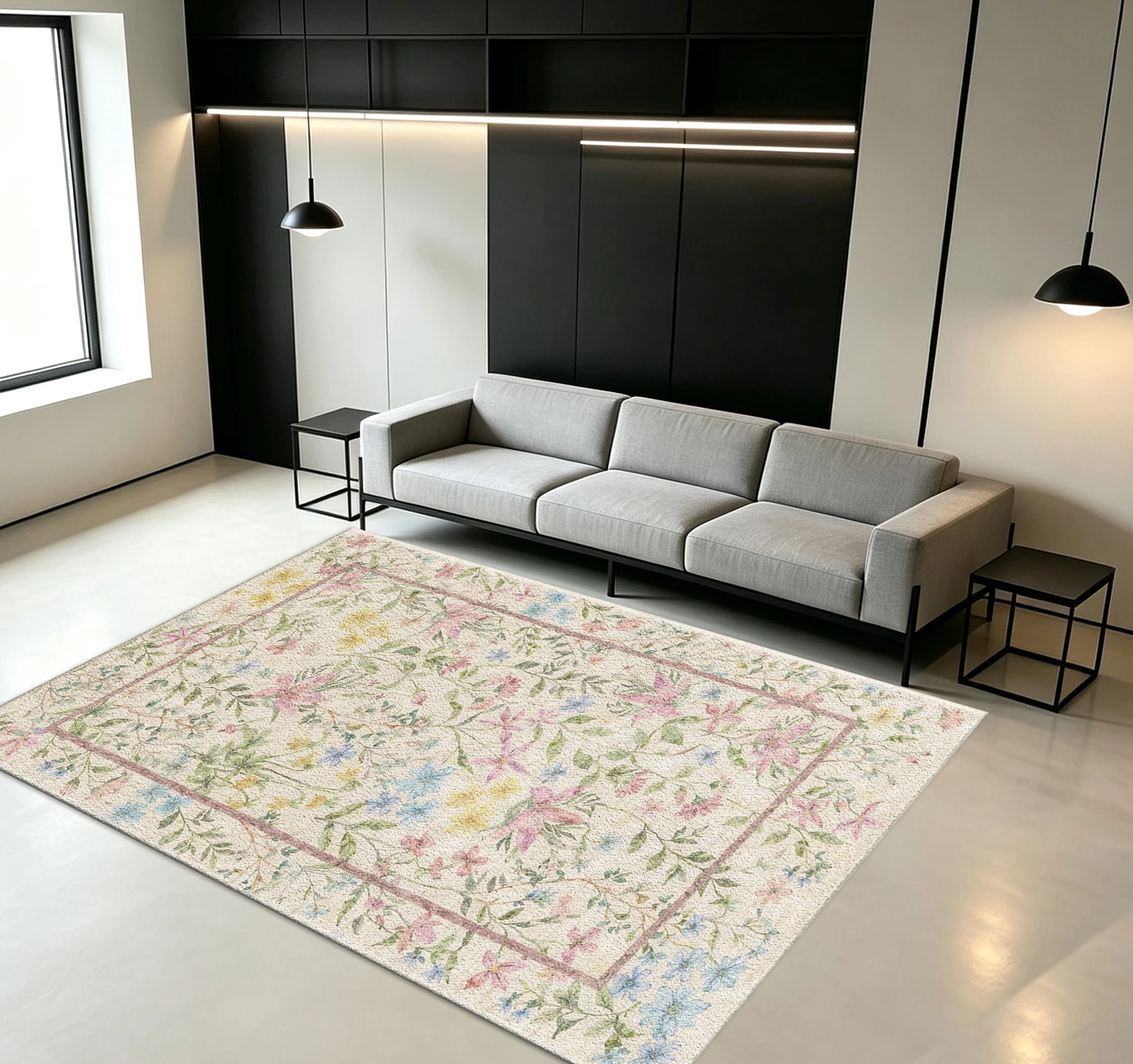 Watercolor Wildflower Carpet Flooring, Soft Multi Color Floral Vine Pattern Decor Rug for Living Area